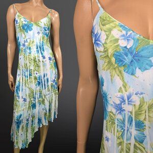 Y2K Floral Glitter Fairy Slip Dress Size M Blue White Asymmetric Hem Party Prom